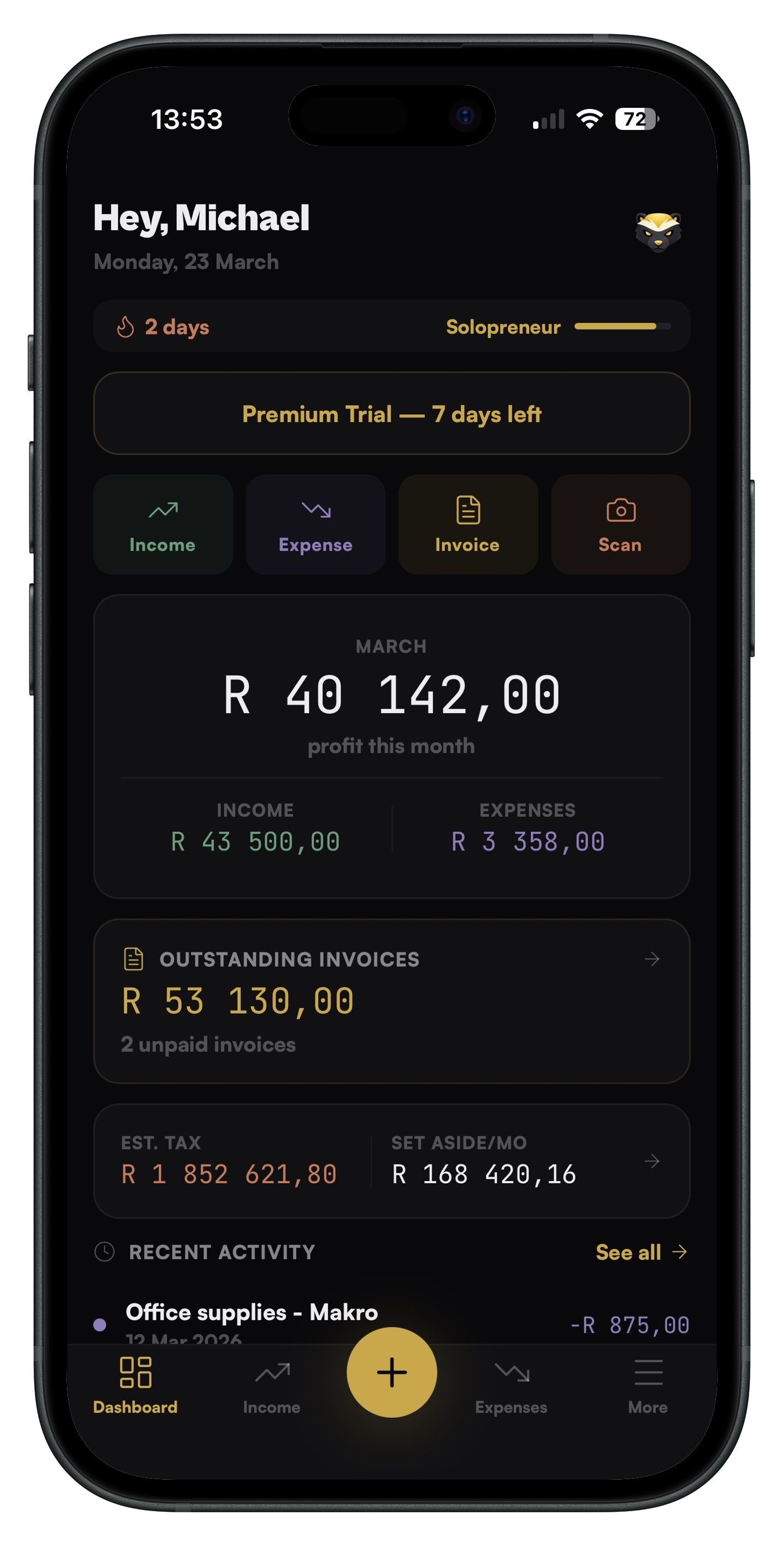 Hustle Finance dashboard showing monthly profit overview
