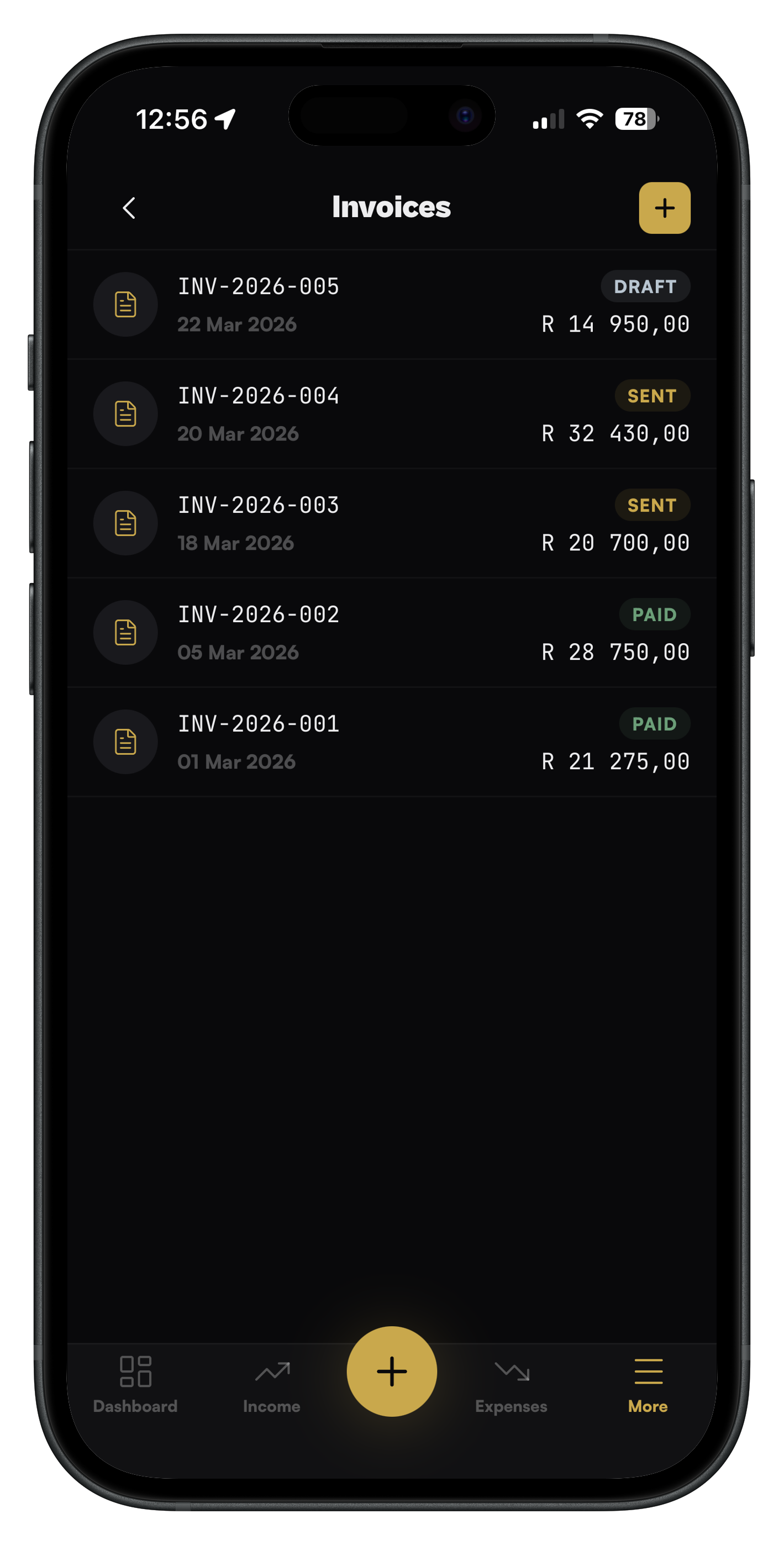 Hustle Finance invoice list with status badges