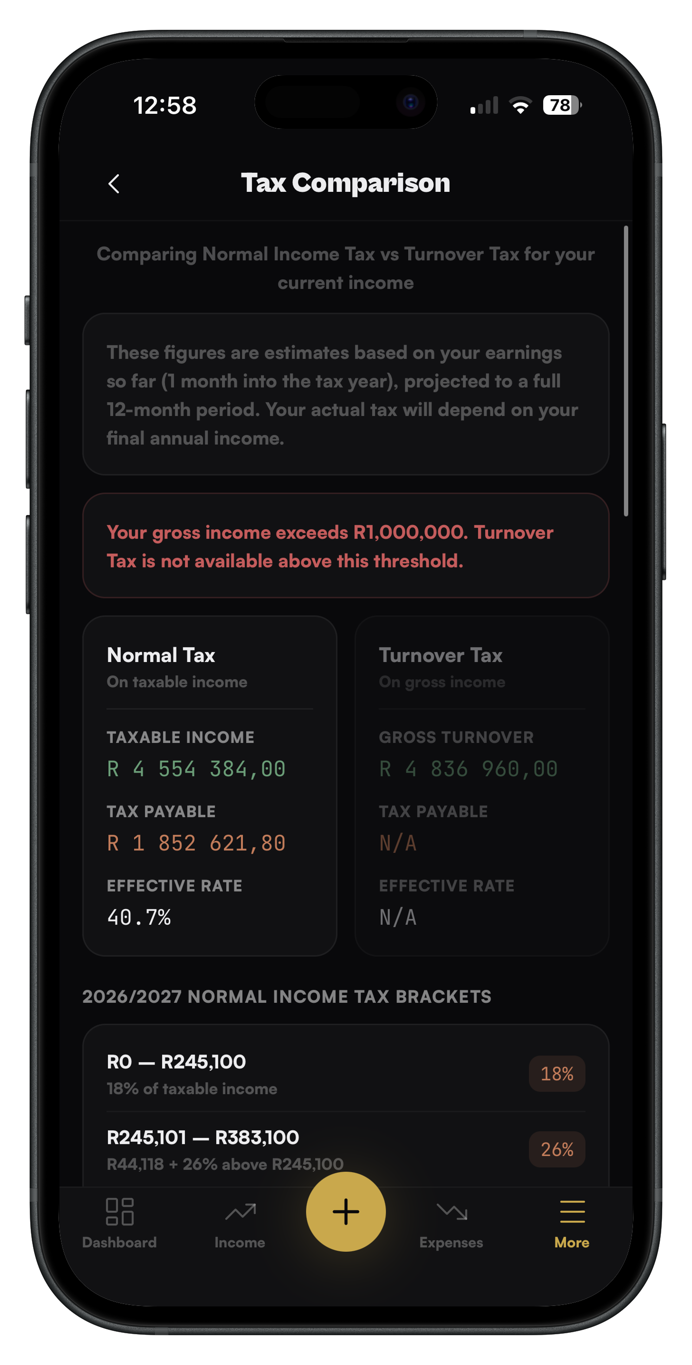 SARS Tax Estimates screen