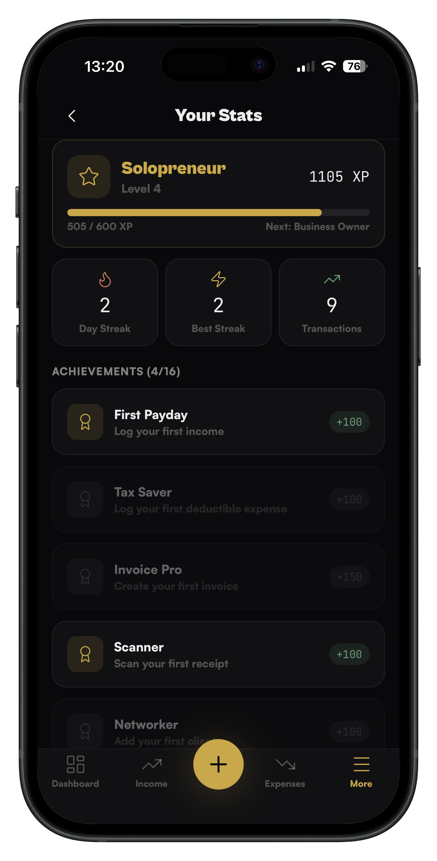 Hustle Finance gamification stats and achievements